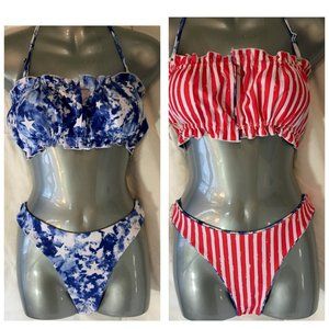 ZAFUL Women's Strapless Ribbed Tie Back Ruffle Cutout Bandeau Bikini Swimsuit M